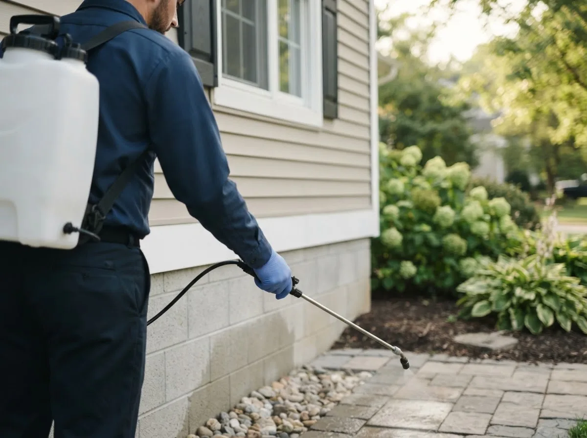 Pest control technician inspecting a home in Wickett, TX